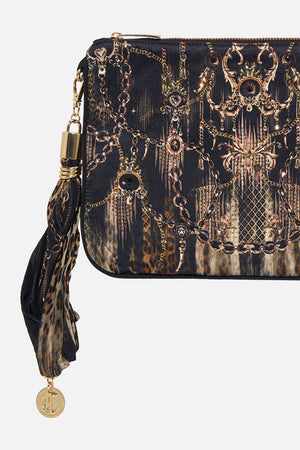 Detail view of CAMILLA animal print silk clutch bag in Jungle Dreaming print