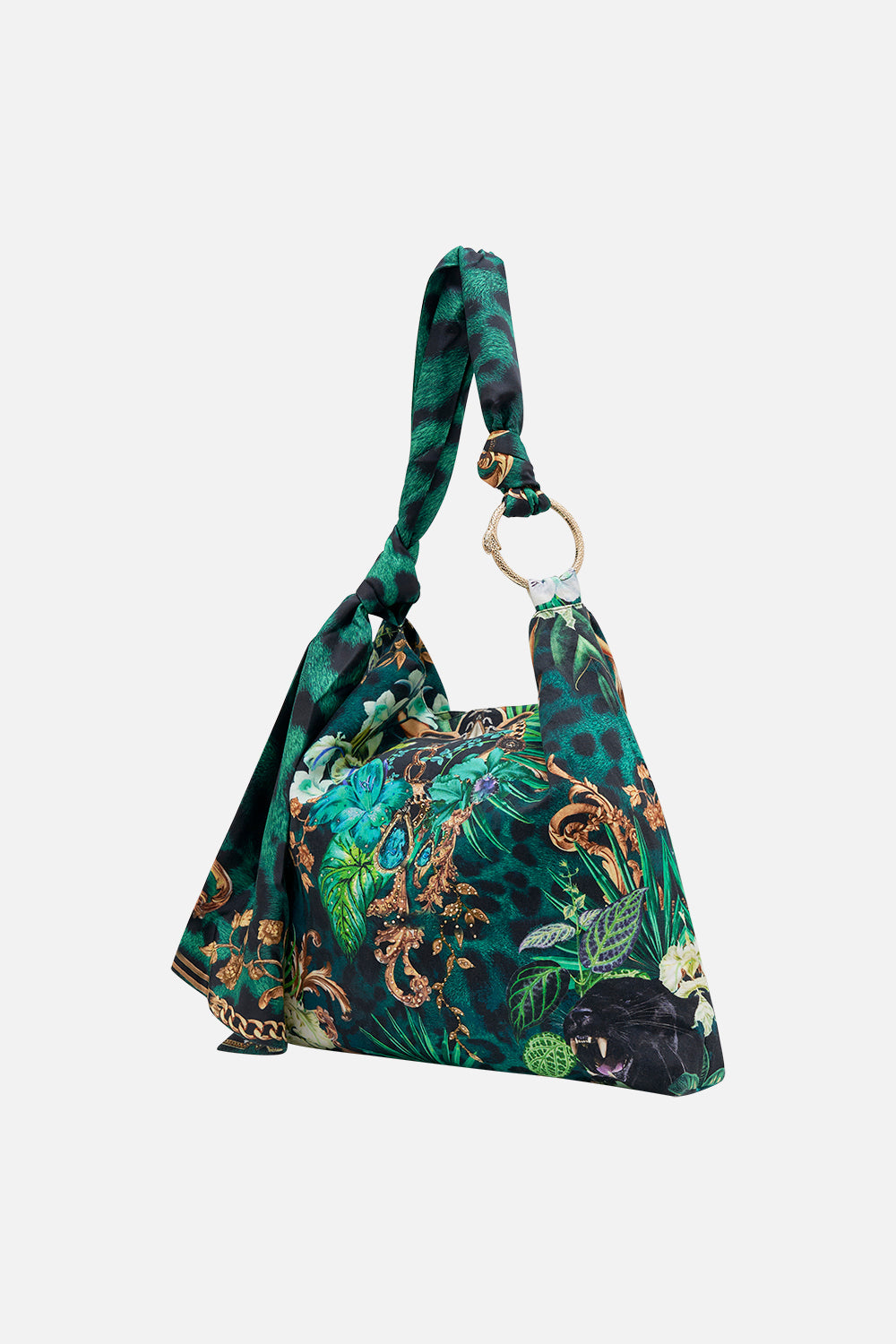 Side product view of CAMILLA linen beach bag in Sing My Song print