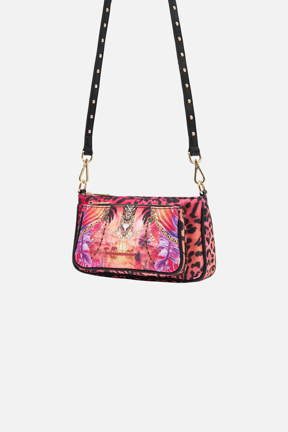 Side view of CAMILLA nylon bag in tropical Wild Loving print