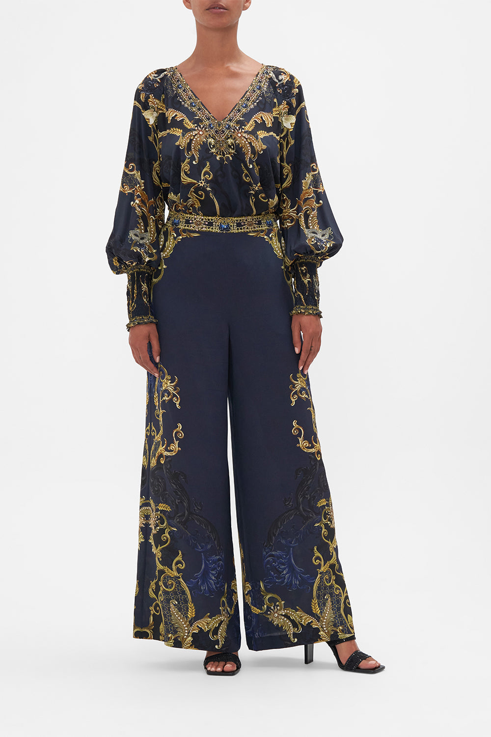 Front view model wearing of CAMILLA silk pants in Moonlight Melodies print