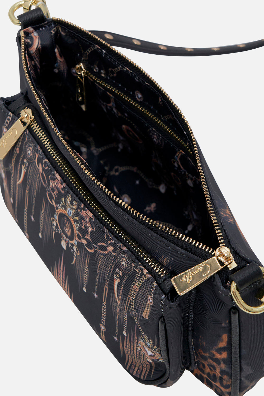 Inside product view of CAMILLA black nylon bag in Jungle Dreaming animal print 