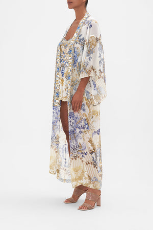 Side view model wearing of CAMILLA silk kimono layer in Soul Searching print