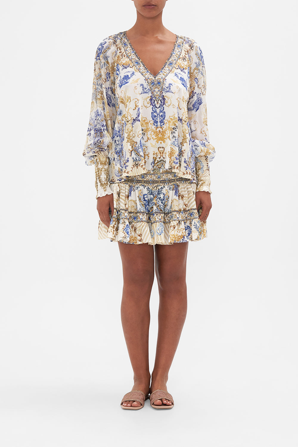 Front view of model wearing CAMILLA silk blouse in Soul Searching print