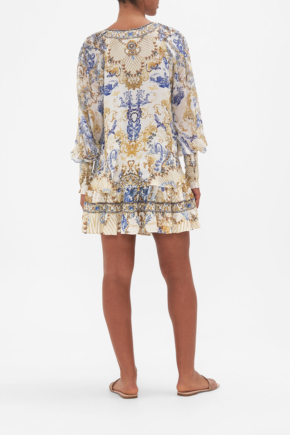 Back view of model wearing CAMILLA silk blouse in Soul Searching print