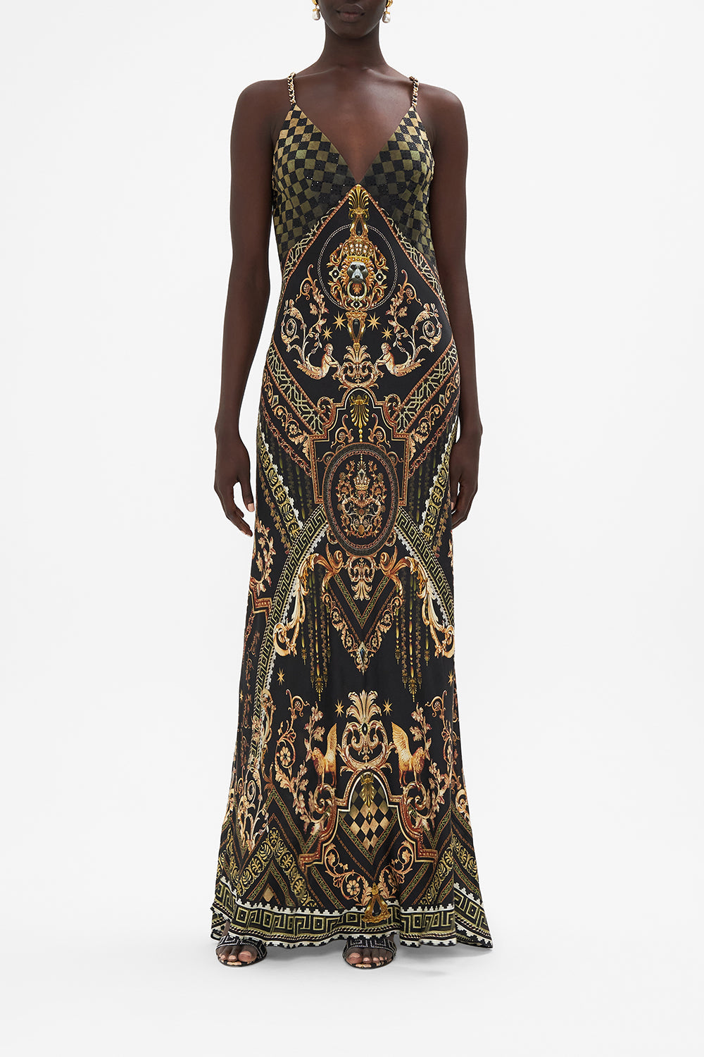Front view of model wearing CAMILLA black and gold silk bias slip dress in Duomo Dynasty print