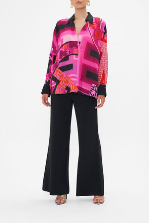 Front view of model wearing CAMILLA pink silk shirt in Ciao Palazzo print