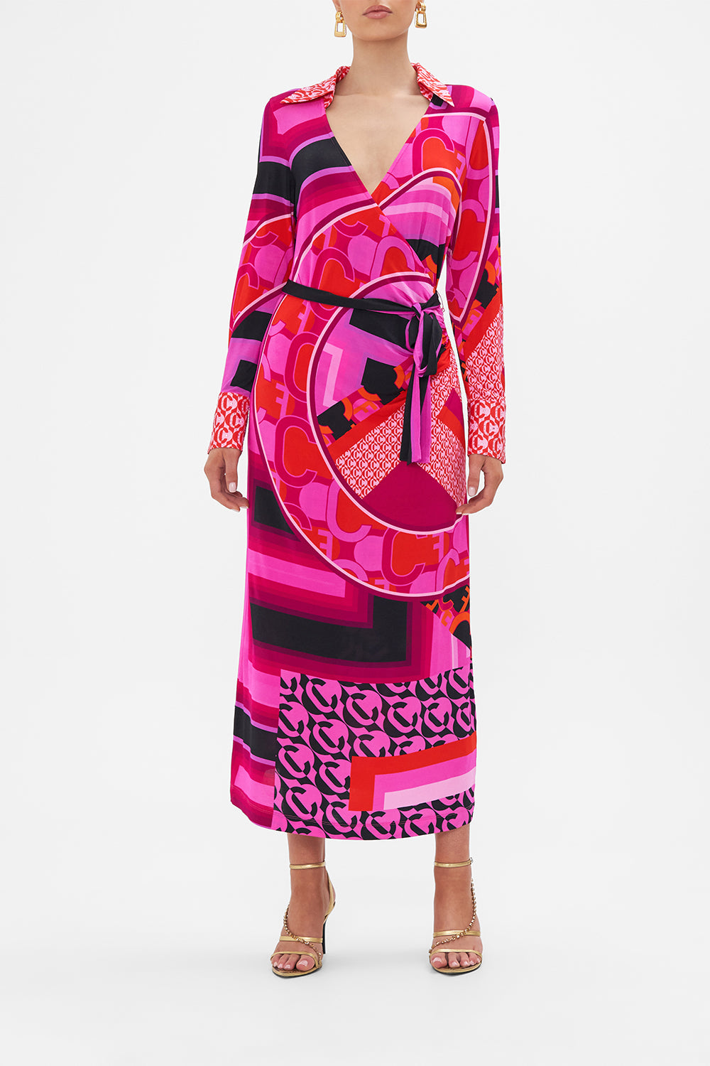 Front view of model wearing CAMILLA jersey wrap dress in Ciao Palazzo print