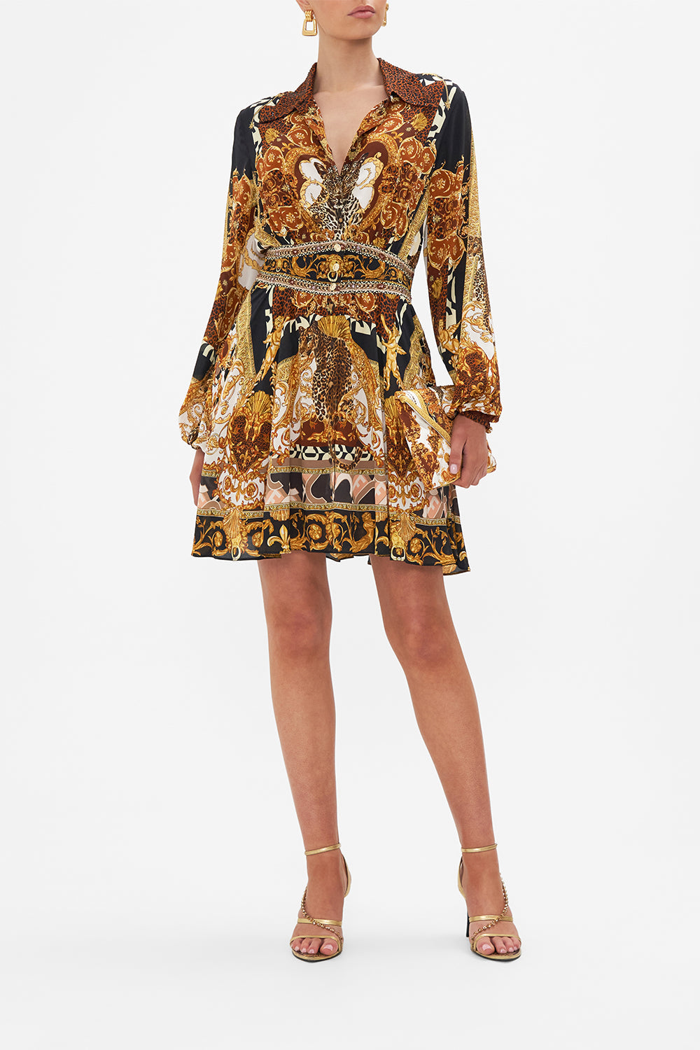 Front view of model wearing CAMILLA silk shirt dress in Feeling Fresco print