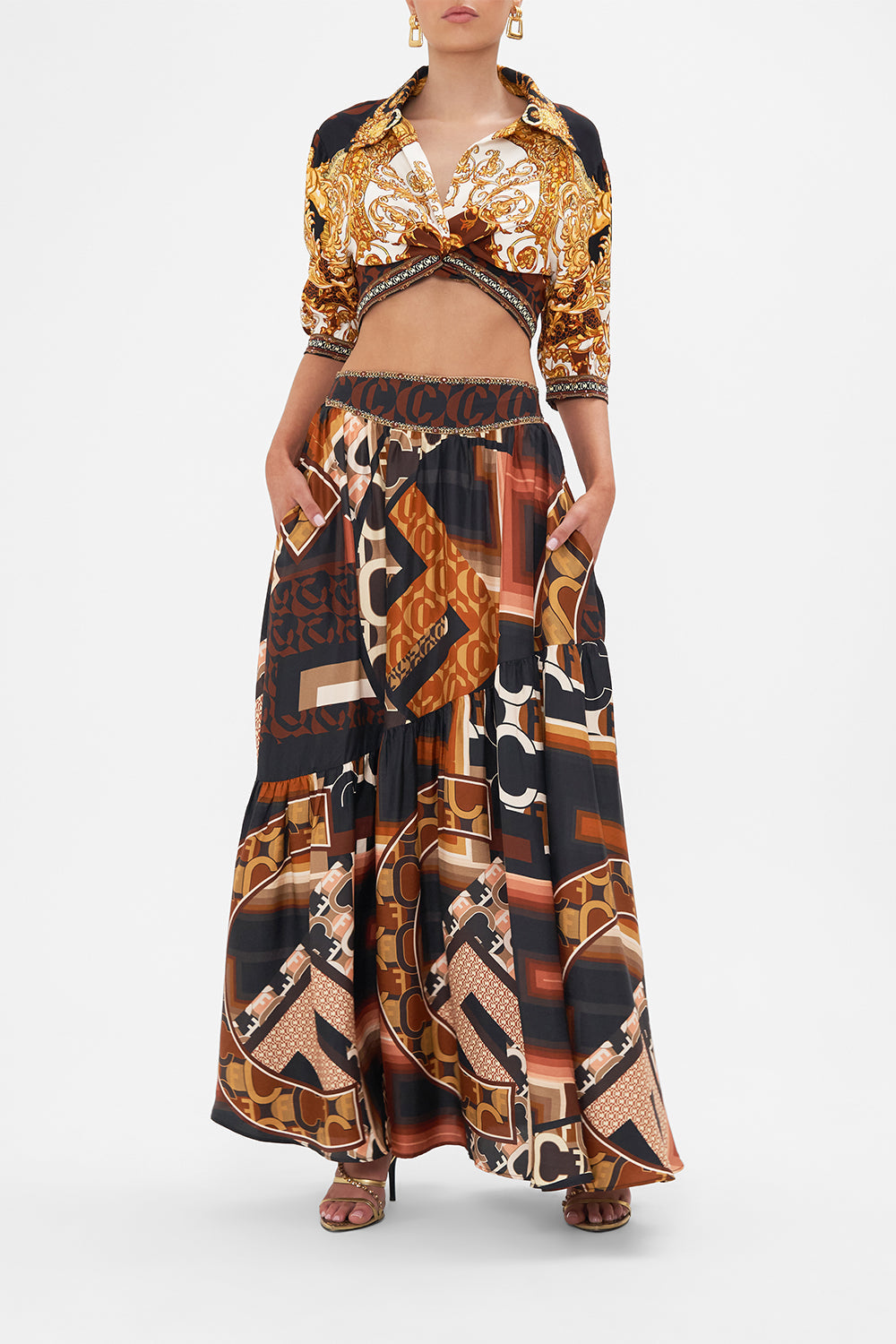 Front view of model wearing CAMILLA brown silk  maxi skirt in Feeling Fresco print