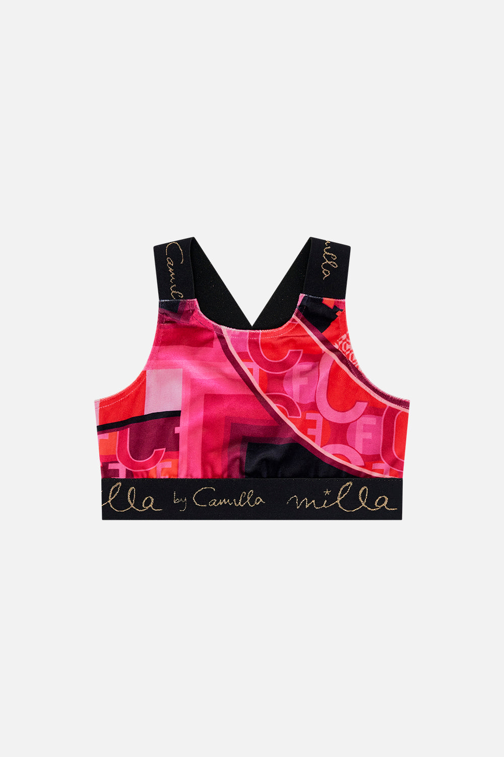 Product view of MILLA BY CAMILLA kids sports crop top in Ciao Palazzo print