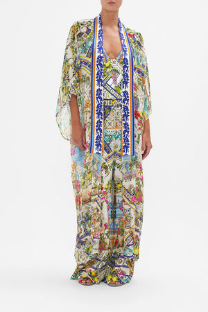 Front view of model wearing CAMILLA kimono with collar in Amalfi Amore print