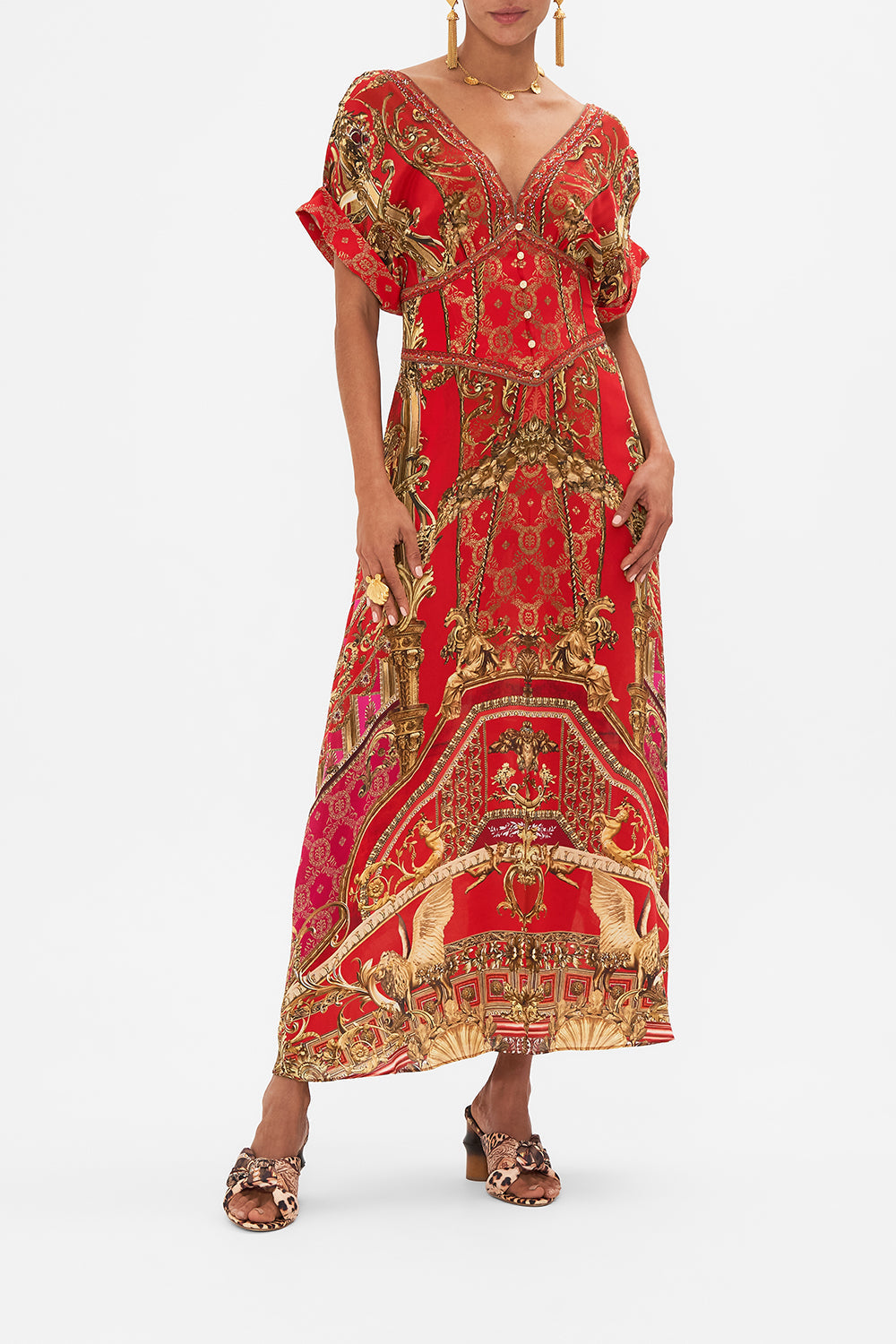 Front view of model wearing CAMILLA red silk corset dress in Sweet Soprano print 