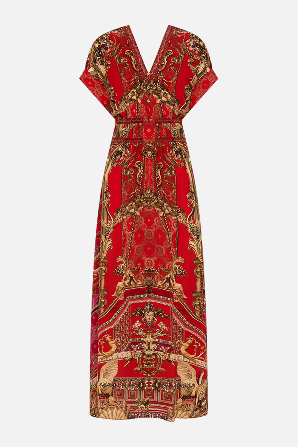 Video of model wearing CAMILLA red silk corset dress in Sweet Soprano print 