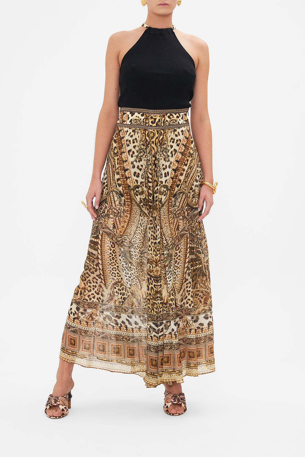 Front view of model wearing CAMILLA silk leopard print pant in Standing Ovation print 