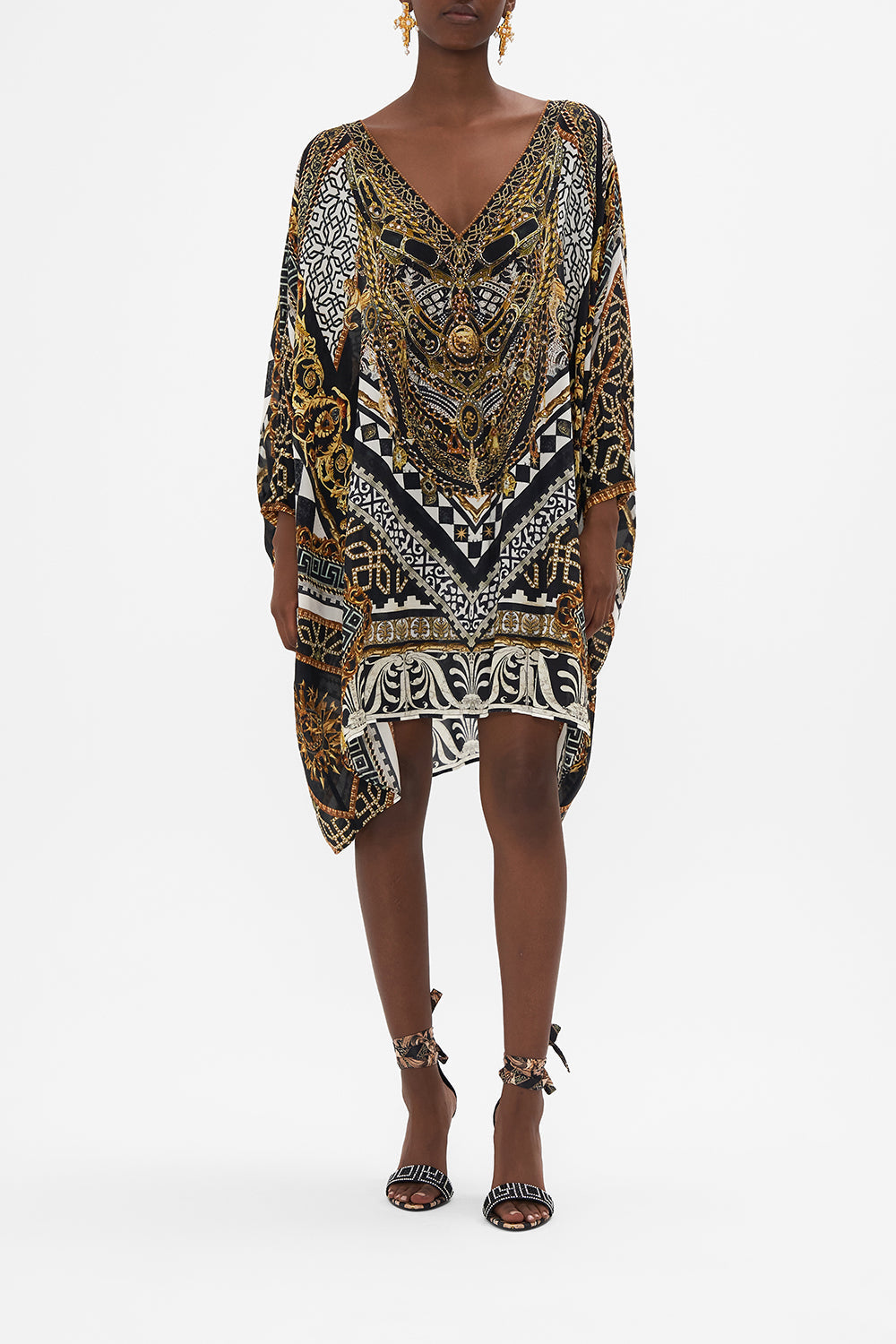 Front view of model wearing CAMILLA silk kaftan in Look Up Tesoro print 
