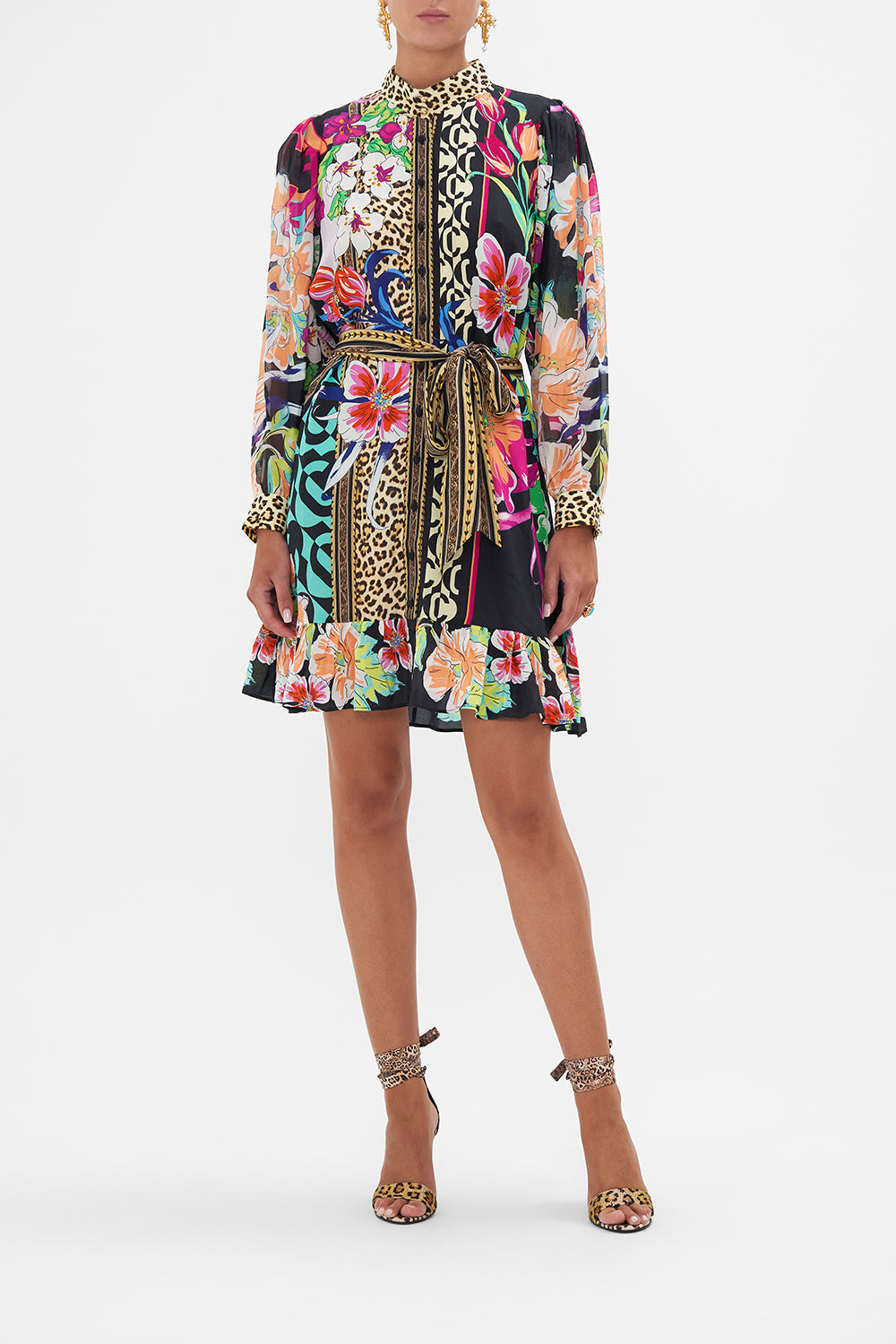 Front view of model wearing CAMILLA silk floral shirt dress in Printed Prima Vera print