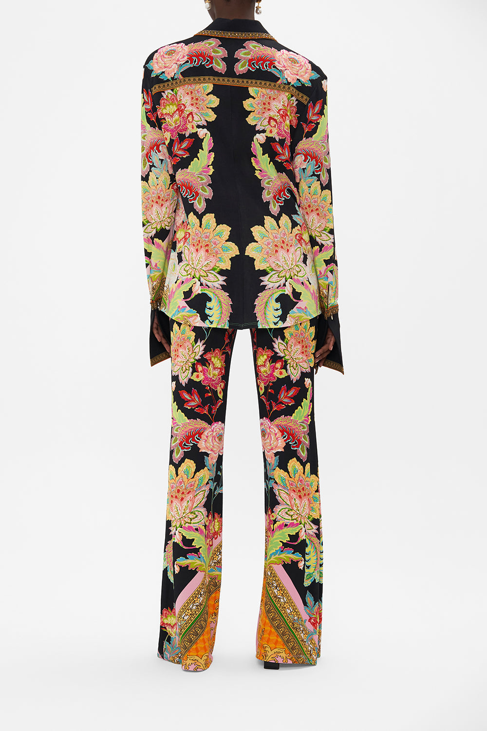 Back view of model wearing CAMILLA printed shirt in Sundowners in Sicily print 