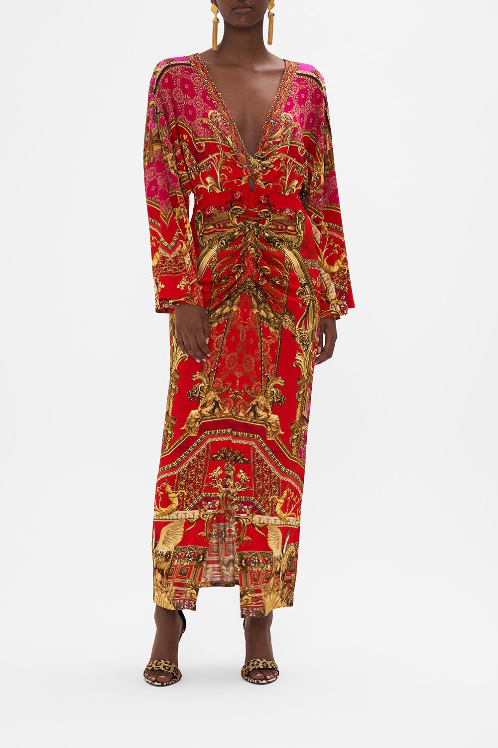 Front view of model wearing CAMILLA red jersey dress in Sweet Soprano print