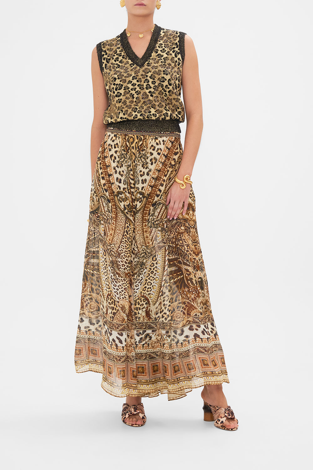 Front view of model wearing CAMILLA  leopard print knit vest in Standing Ovation print