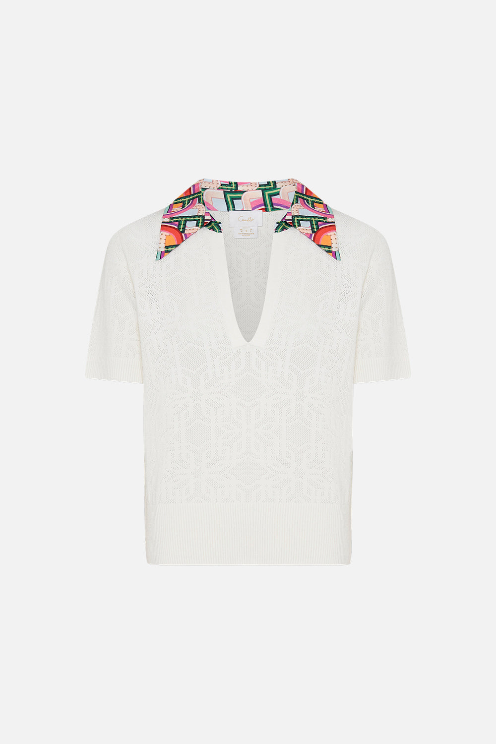Product view of CAMILLA white knit polo  top in An Italian Welcome print