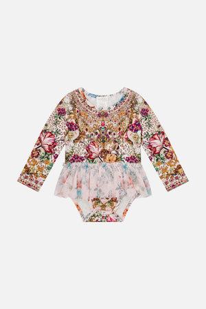 Front product view of MILLA BY CAMILLA babies tutu bodysuit in Bambino Bliss print