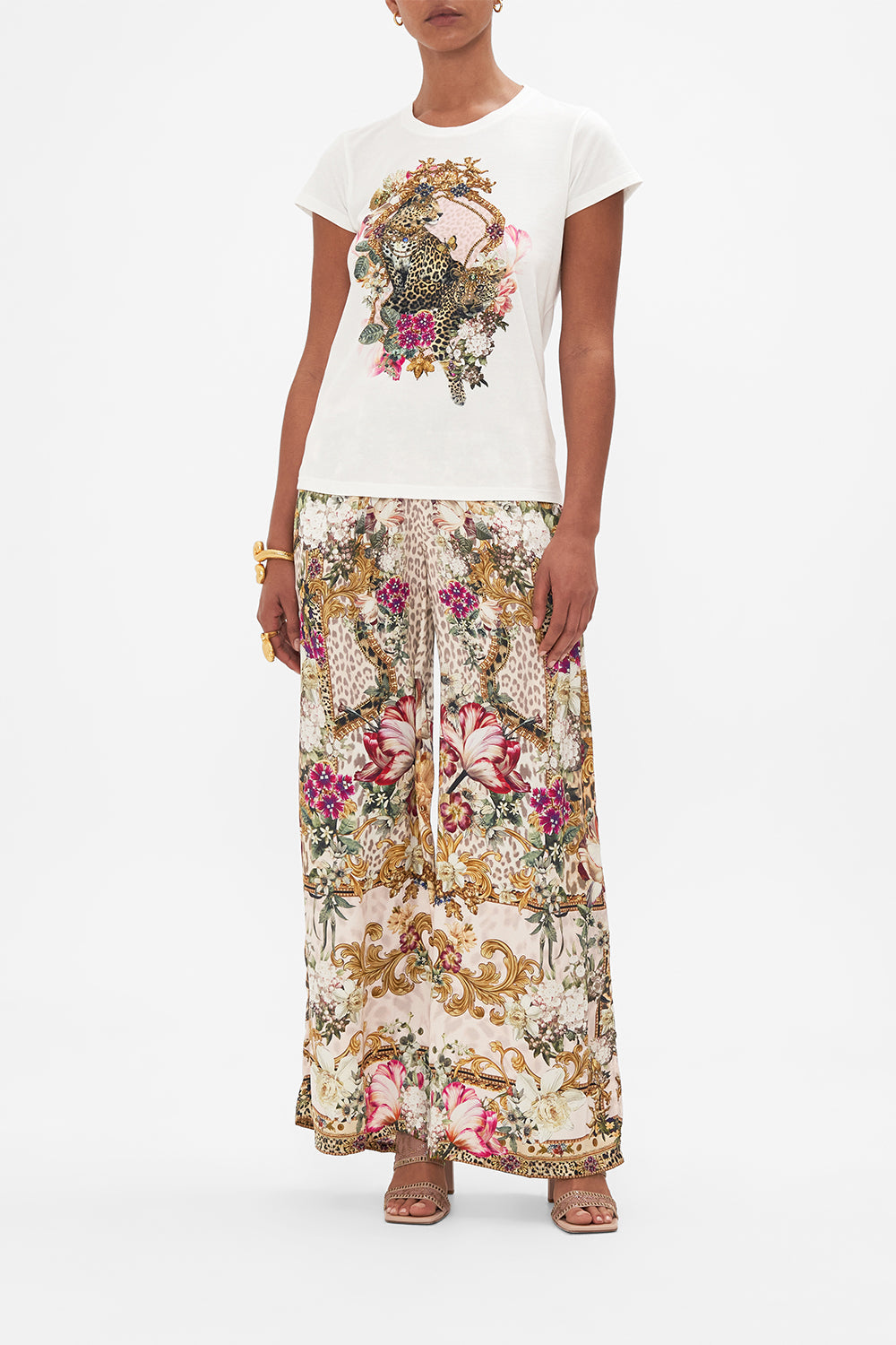 Front view of model wearing CAMILLA white tee with Bambino Bliss print