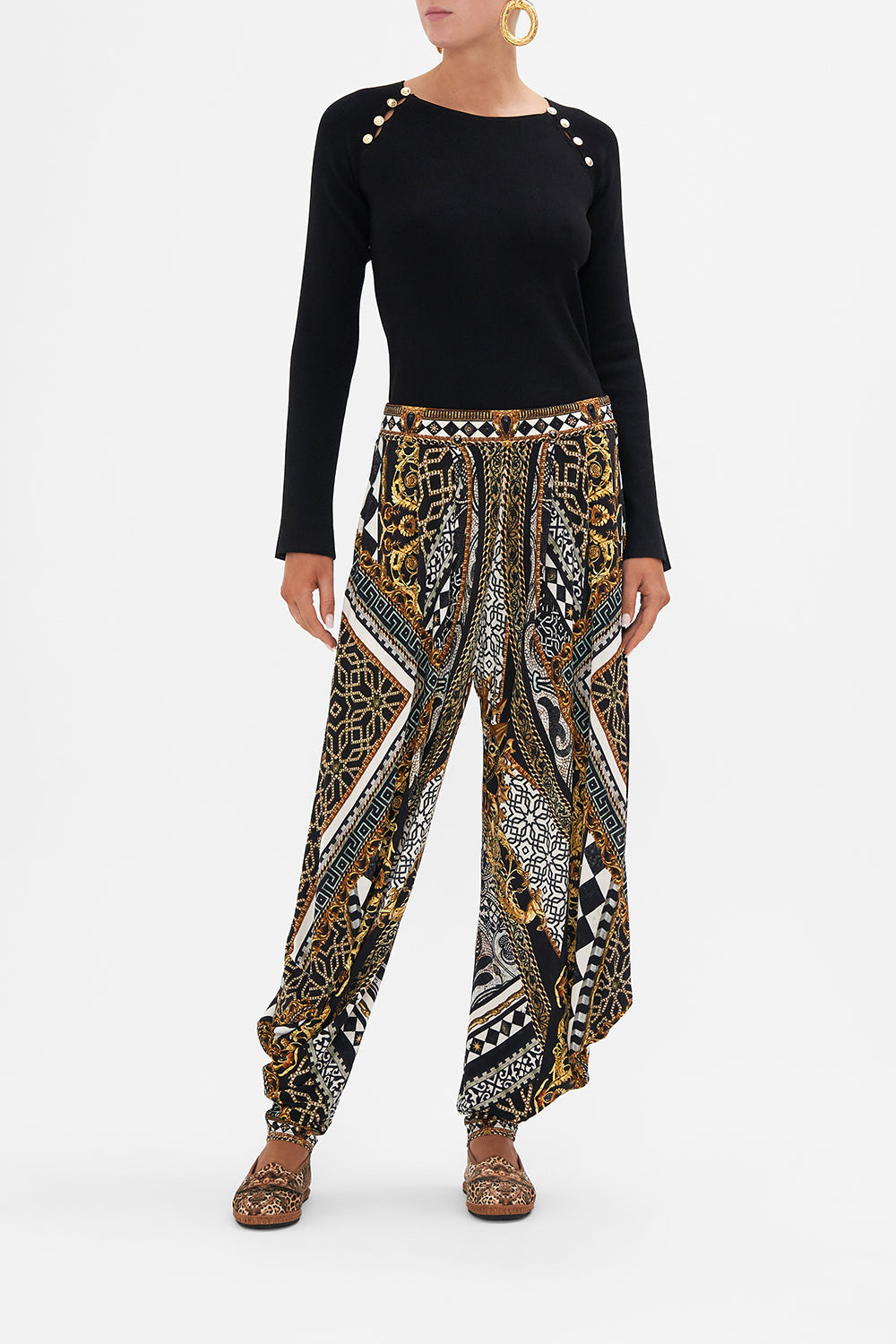 Front view of model wearing CAMILLA black top in Look Up Tesoro