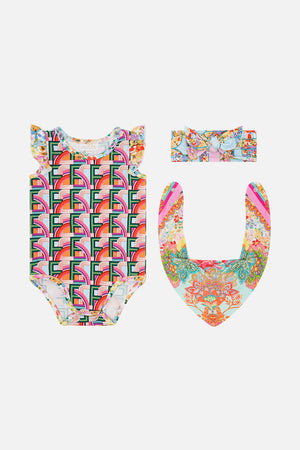 Product view of MILLA BY CAMILLA babies onesie and bib pack in An Italian Welcome print