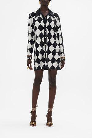 Front view of model wearing CAMILLA black and white silk shirt dress in Duomo Dynasty print