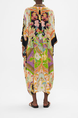 Back view of model wearing CAMILLA printed silk kaftan in Sundowners in Sicily print