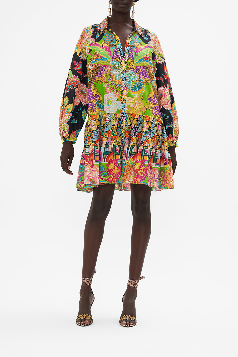 Front view of model wearing CAMILLA printed shirt dress in Sundowners in Sicily print 