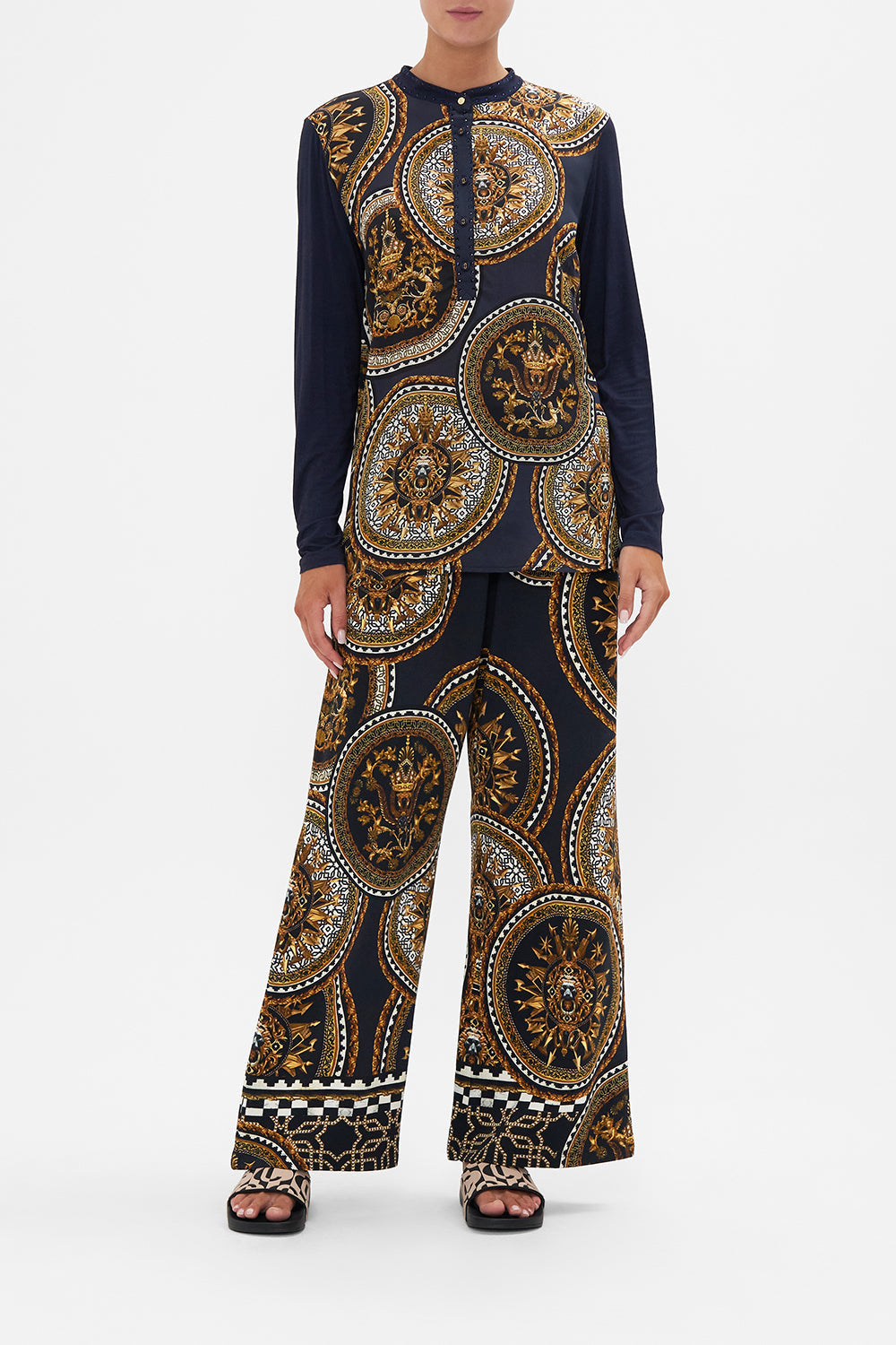 Front view of model wearing CAMILLA  silk shirt in Duomo Kaleido print