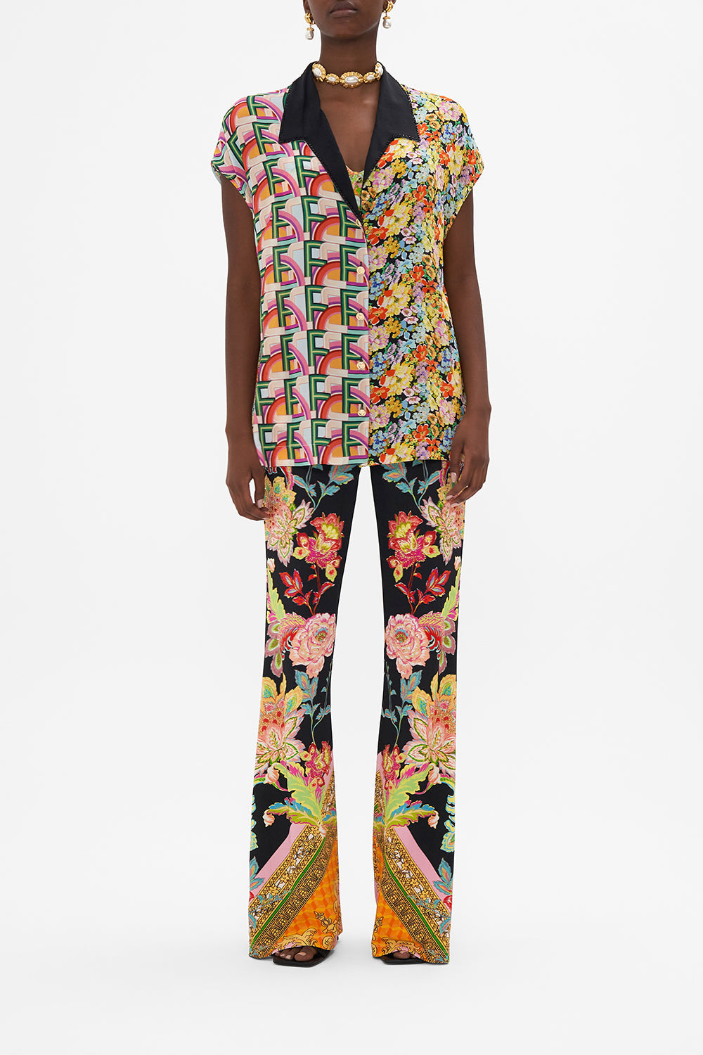 Front view of model wearing CAMILLA silk collared top in Sundowners in Sicily print 