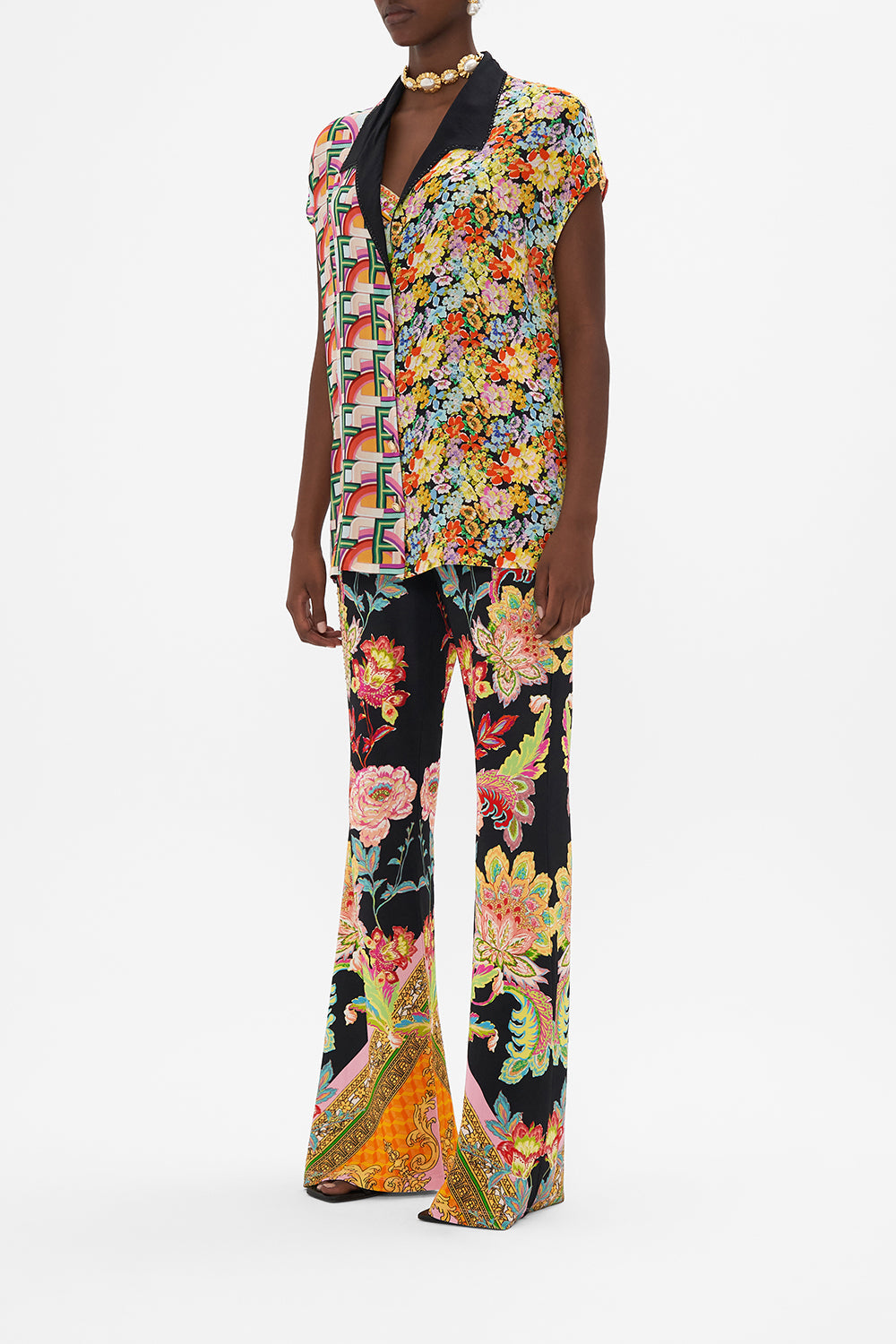 Side view of model wearing CAMILLA silk collared top in Sundowners in Sicily print 