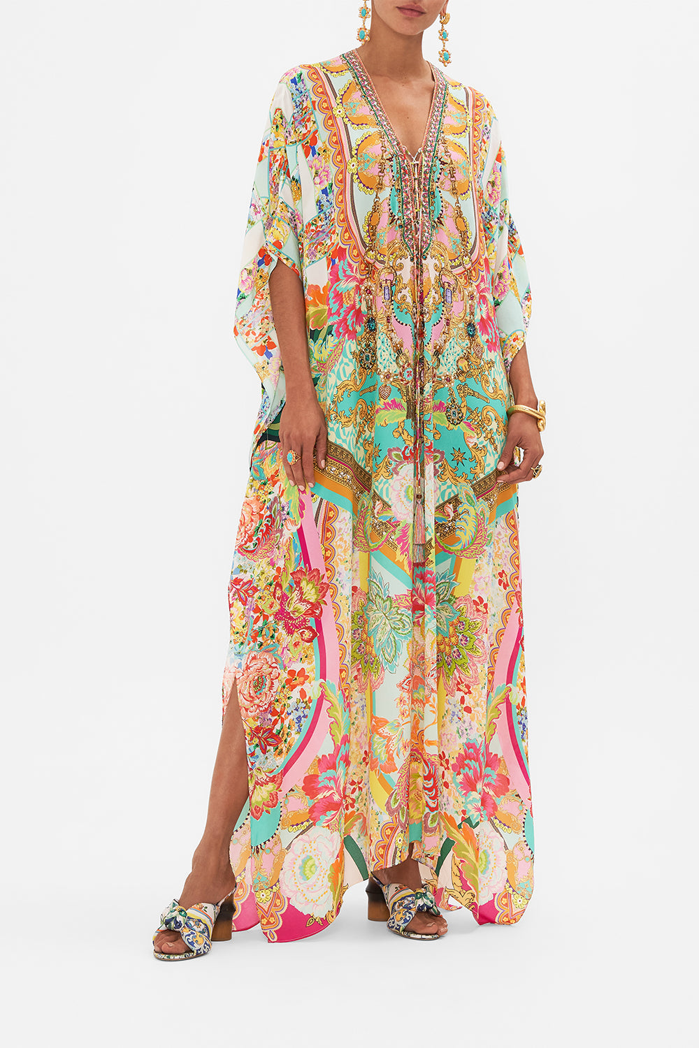Front view of model wearing CAMILLA silk printed kaftan in An Italian Welcome print