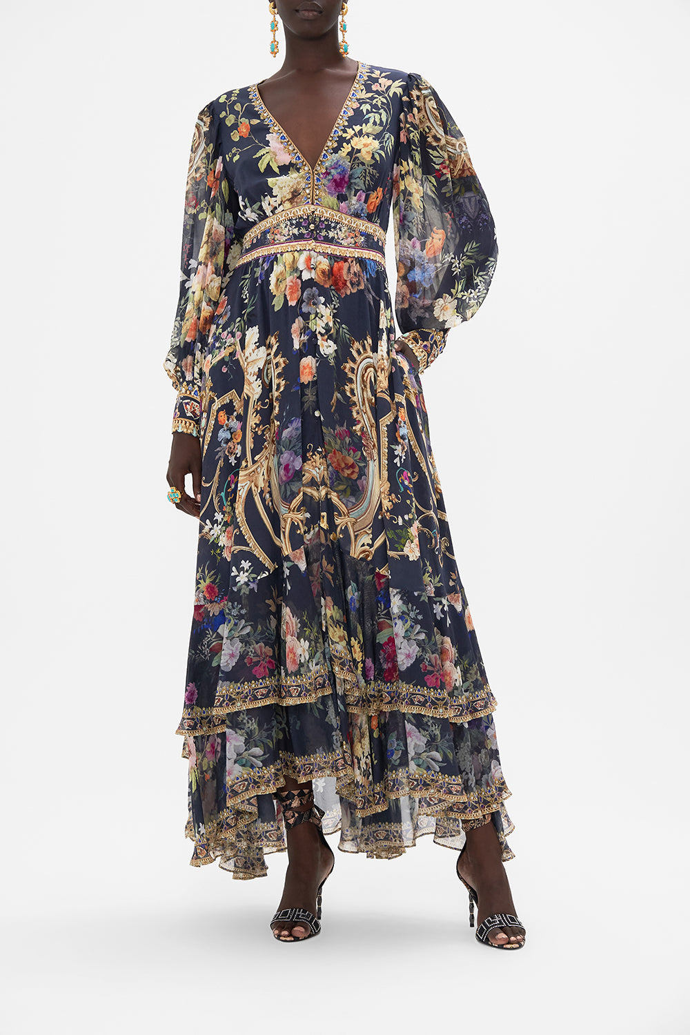 Front view of model wearing CAMILLA silk maxi dress in Play Your Cards print