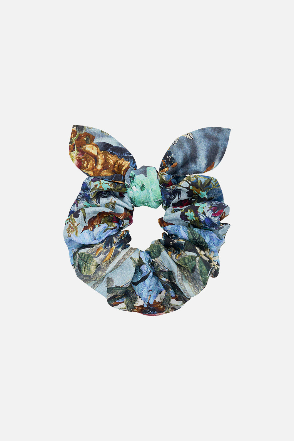Product view of CAMILLA silk scrunchie in Letters To Leo print