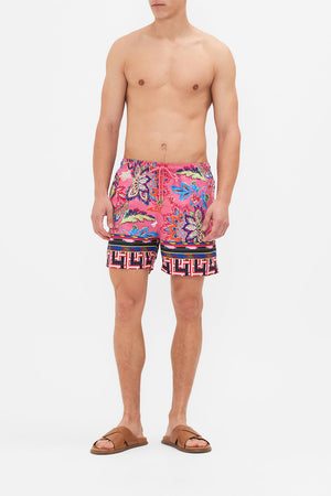 Front view of model wering HOTEL FRANKS BY CAMILLA mens boardshort in Rome Retro print
