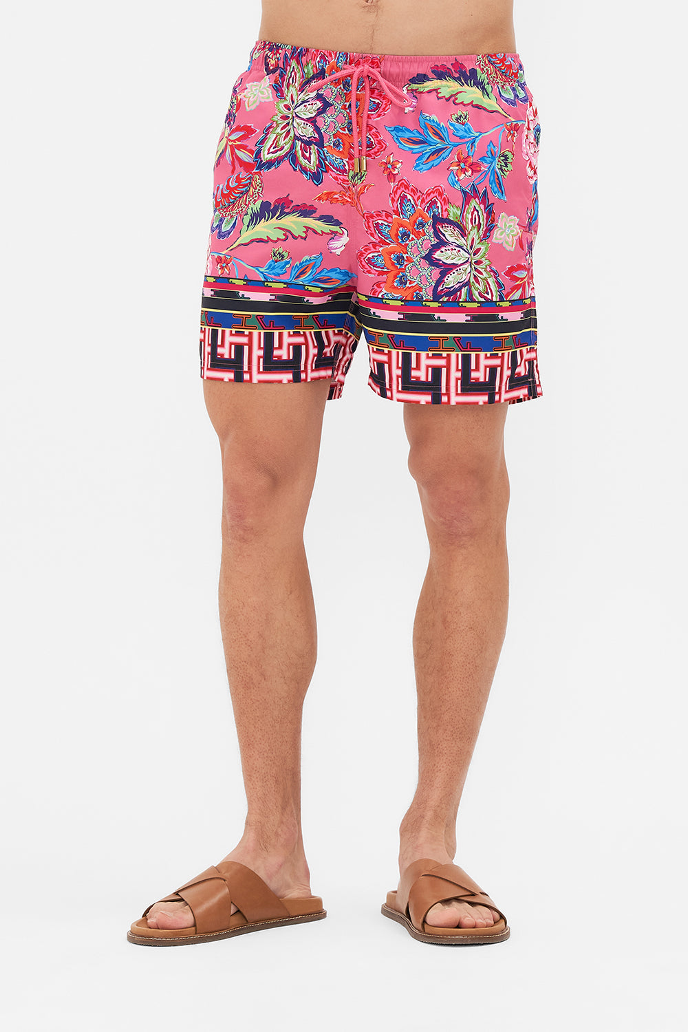 Crop view of model wering HOTEL FRANKS BY CAMILLA mens boardshort in Rome Retro print