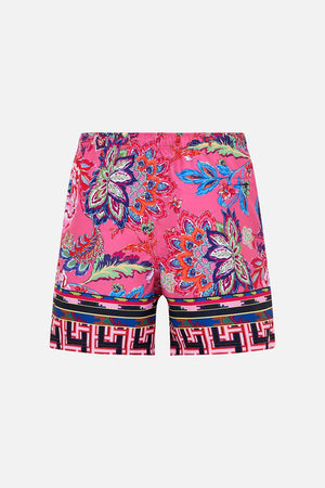 Detail view of model wering HOTEL FRANKS BY CAMILLA mens boardshort in Rome Retro print