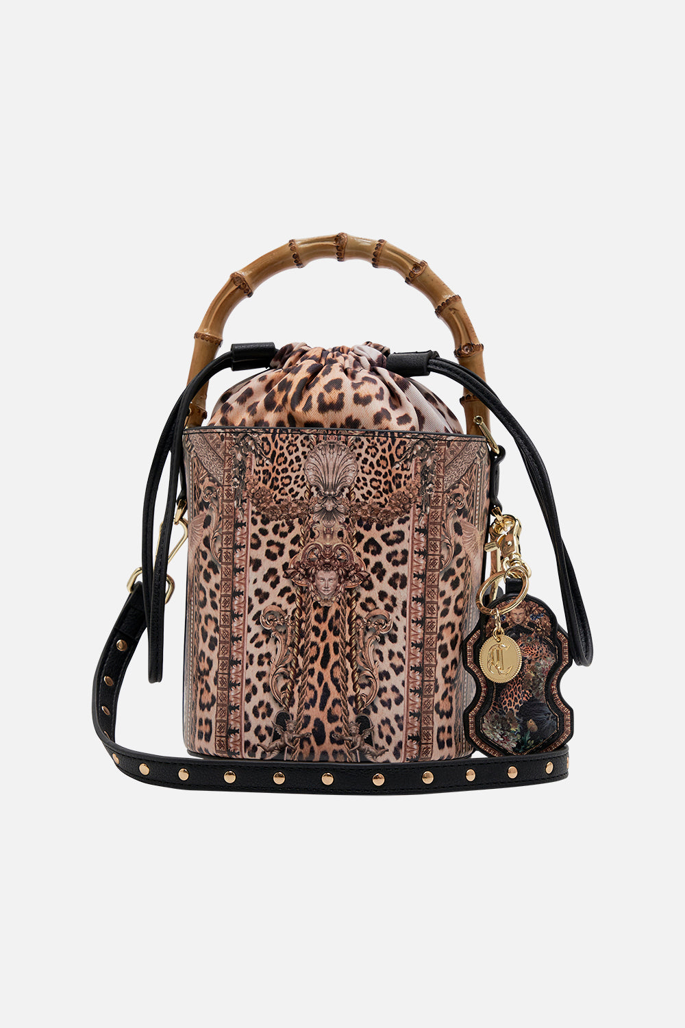 Product view of CAMILLA leopard print bucket bag in Standing Ovation print