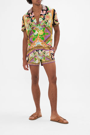 Front view of model wearing Hotel Franks by CAMILLA mens short sleeve camp collared shirt in Sundowners in Sicily print