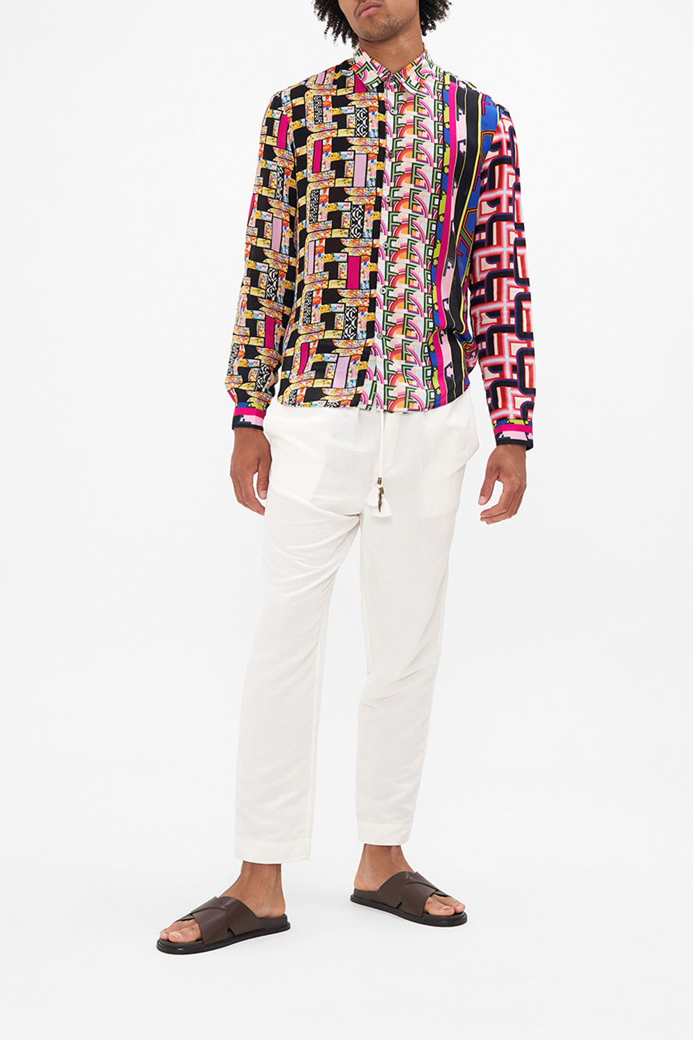 Detail view of model wearing HOTEL FRANKS BY CAMILLA long sleeve shirt in Rome Retro print