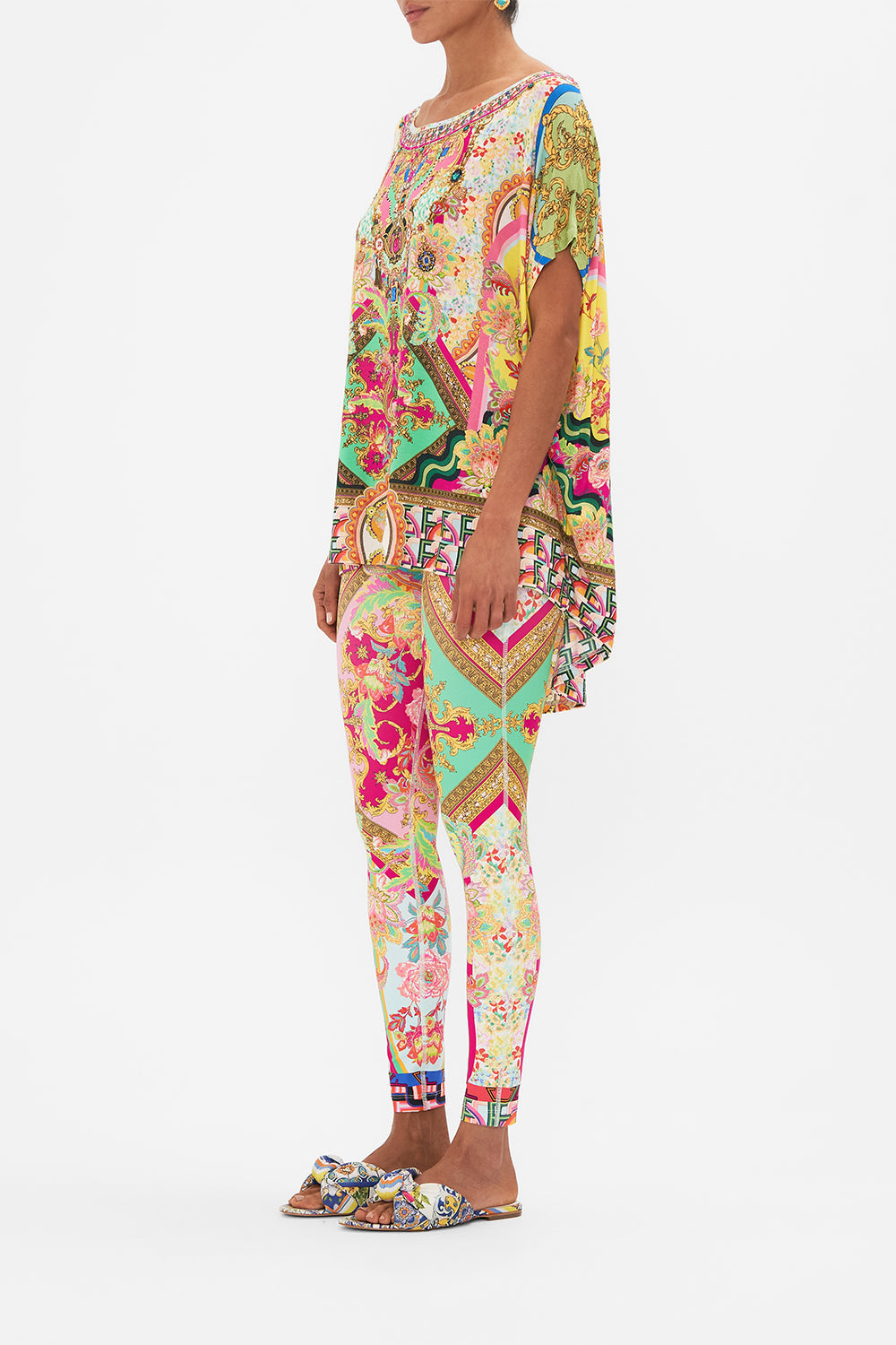 Side view of model wearing CAMILLA loose fit tee in Ciao Bella print