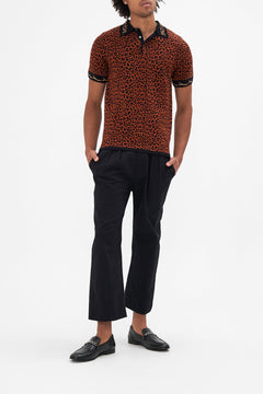 Front view of model wearing Hotel Franks by CAMILLA mens polo shirt in Feeling Fresco 