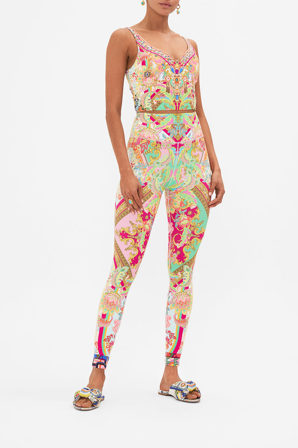 Front view of model wearing CAMILLA printed activewear legging in Ciao Bella print