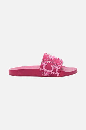 Product view of CAMILLA pink pool slides in Ciao Palazzo print 