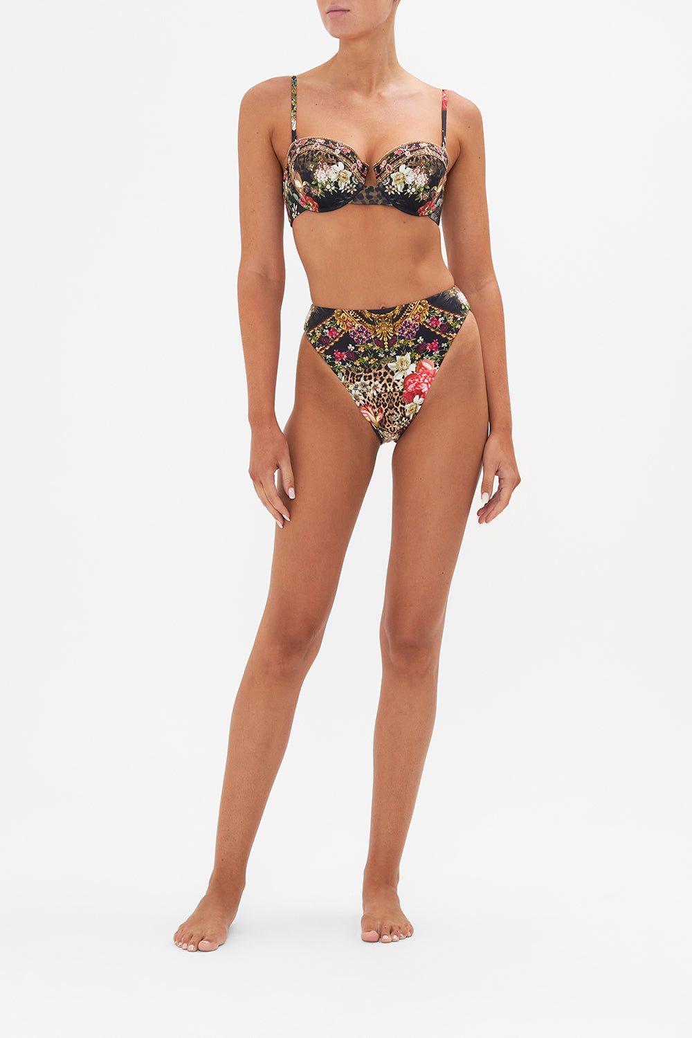 Front view of model wearing CAMILLA floral high waist bikini bottom in A Night At The Opera print