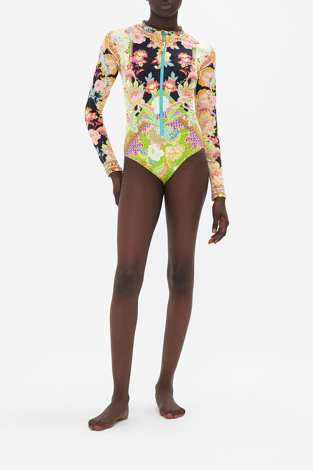 Front view of model wearing CAMILLA swimwear zip front paddle suit in Sundowners in Sicily print