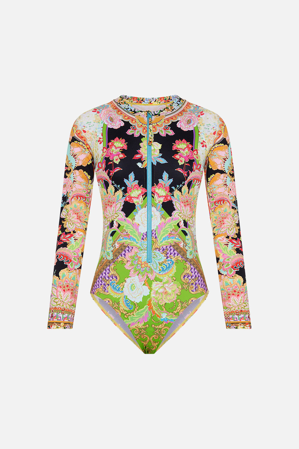 Crop view of model wearing CAMILLA swimwear zip front paddle suit in Sundowners in Sicily print